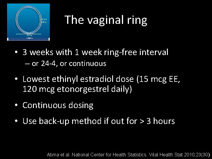 The vaginal ring • 3 weeks with 1 week ring-free interval – or 24 The vaginal ring • 3 weeks with 1 week ring-free interval – or 24