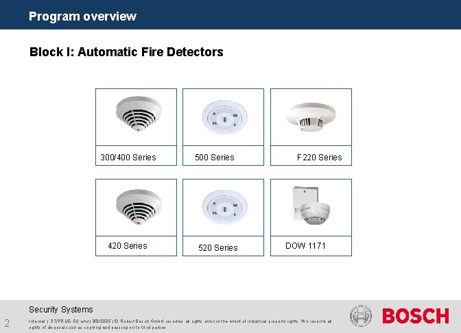 Program overview Block I: Automatic Fire Detectors 300/400 Series 420 Series 500 Series 520