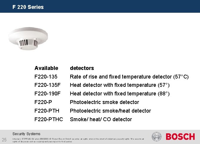 F 220 Series Available detectors F 220 -135 Rate of rise and fixed temperature