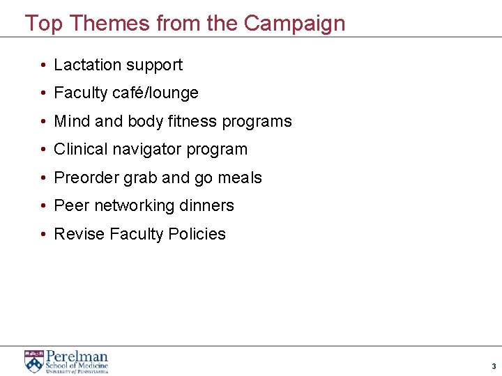 Top Themes from the Campaign • Lactation support • Faculty café/lounge • Mind and