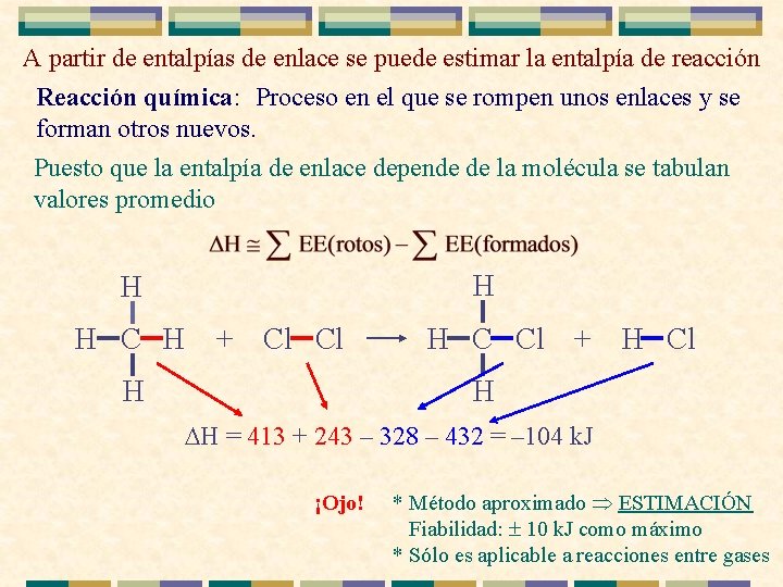 A partir de entalpías de enlace se puede estimar la entalpía de reacción Reacción