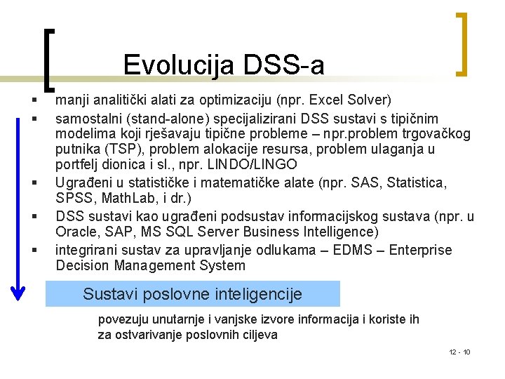 Evolucija DSS-a § § § manji analitički alati za optimizaciju (npr. Excel Solver) samostalni