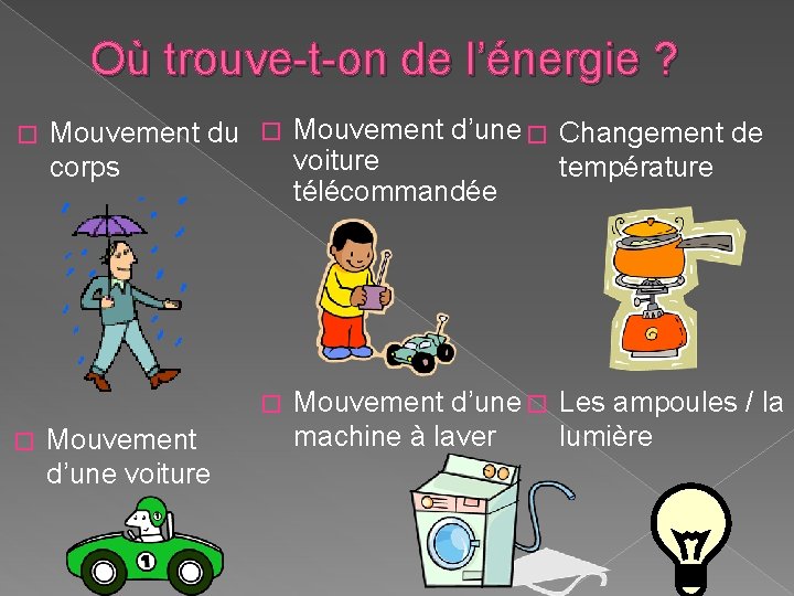 Où trouve-t-on de l’énergie ? � Mouvement du � Mouvement d’une � Changement de Où trouve-t-on de l’énergie ? � Mouvement du � Mouvement d’une � Changement de