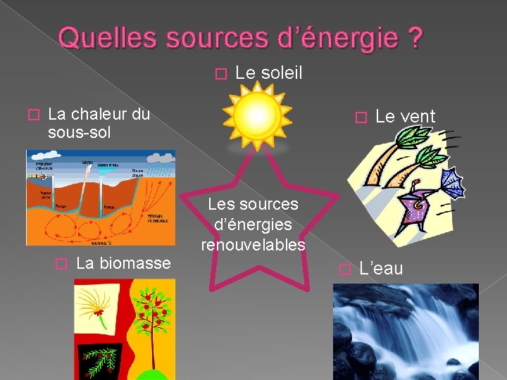 Quelles sources d’énergie ? � � Le soleil La chaleur du sous-sol � La Quelles sources d’énergie ? � � Le soleil La chaleur du sous-sol � La