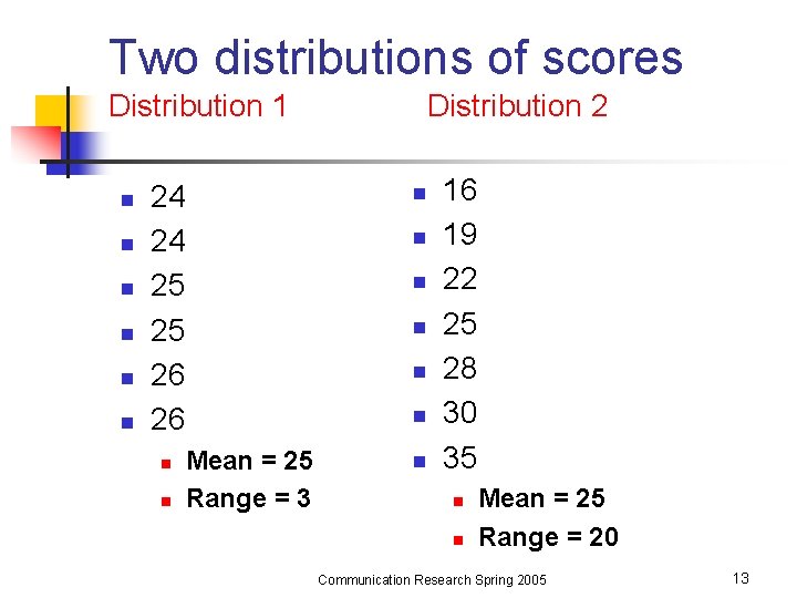 Two distributions of scores Distribution 1 n n n 24 24 25 25 26