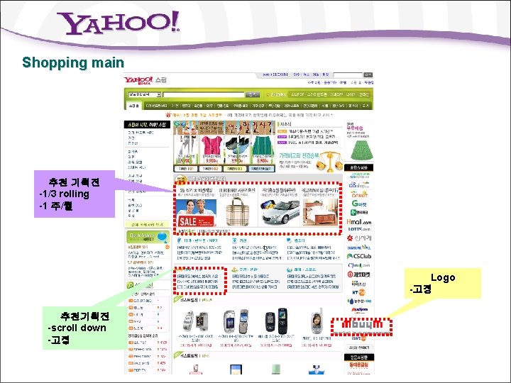 Shopping main 추천 기획전 -1/3 rolling -1 주/월 Logo -고정 추천기획전 -scroll down -고정