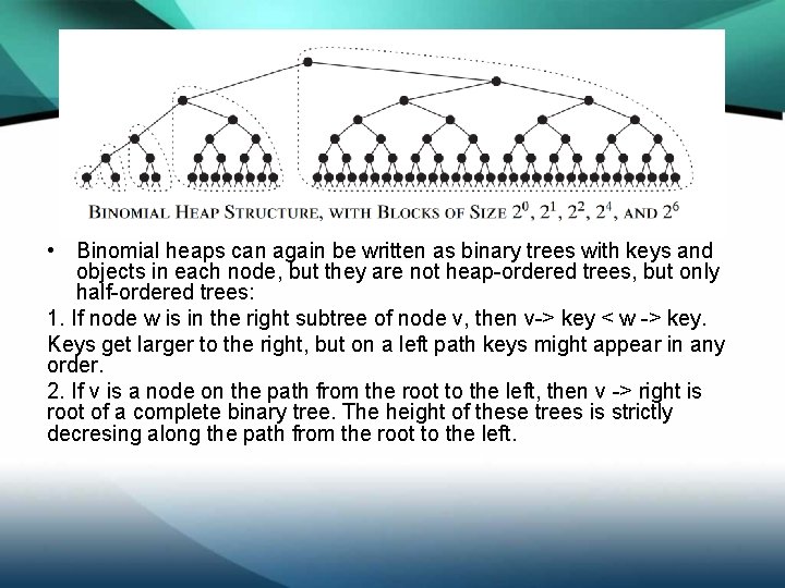  • Binomial heaps can again be written as binary trees with keys and