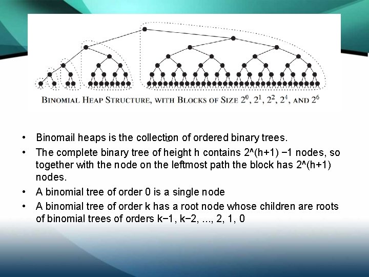  • Binomail heaps is the collection of ordered binary trees. • The complete