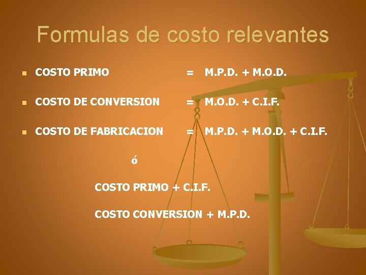Formulas de costo relevantes n COSTO PRIMO = n COSTO DE CONVERSION = n