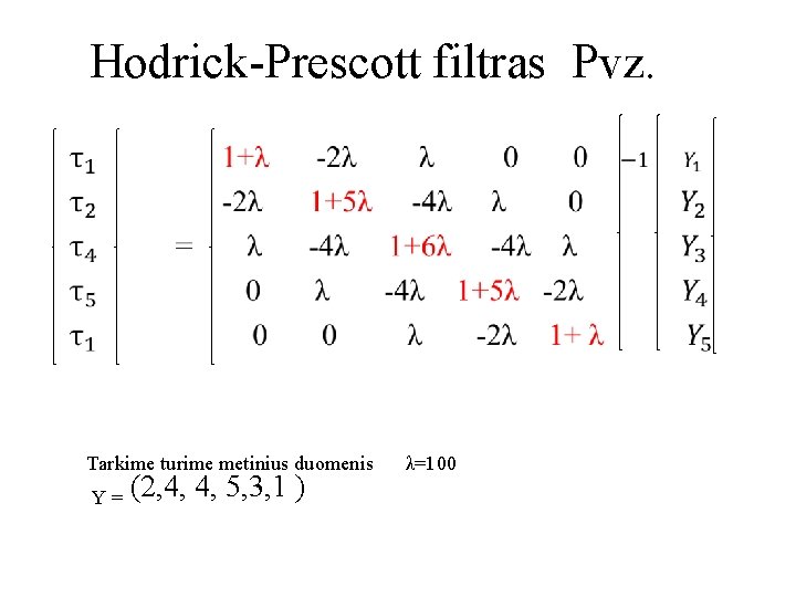 Hodrick-Prescott filtras Pvz. • Tarkime turime metinius duomenis λ=100 Y = (2, 4, 4,