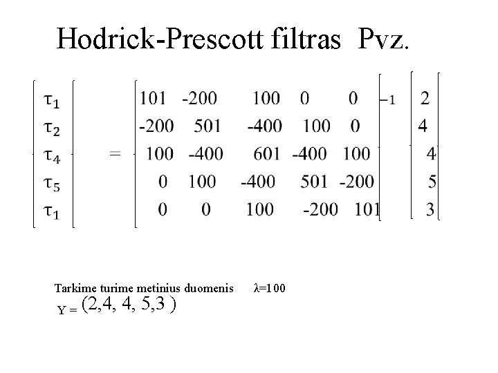 Hodrick-Prescott filtras Pvz. • Tarkime turime metinius duomenis λ=100 Y = (2, 4, 4,
