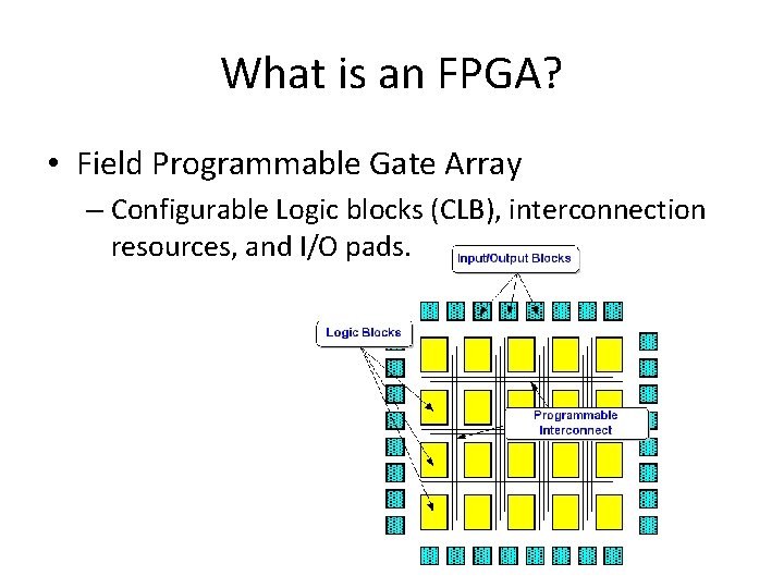 What is an FPGA? • Field Programmable Gate Array – Configurable Logic blocks (CLB), What is an FPGA? • Field Programmable Gate Array – Configurable Logic blocks (CLB),