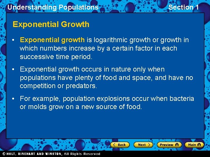 Understanding Populations Section 1 Exponential Growth • Exponential growth is logarithmic growth or growth