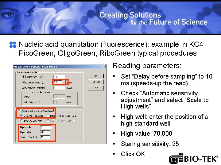 Nucleic acid quantitation (fluorescence): example in KC 4 Pico. Green, Oligo. Green, Ribo. Green