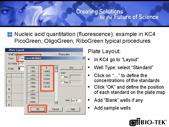 Nucleic acid quantitation (fluorescence): example in KC 4 Pico. Green, Oligo. Green, Ribo. Green