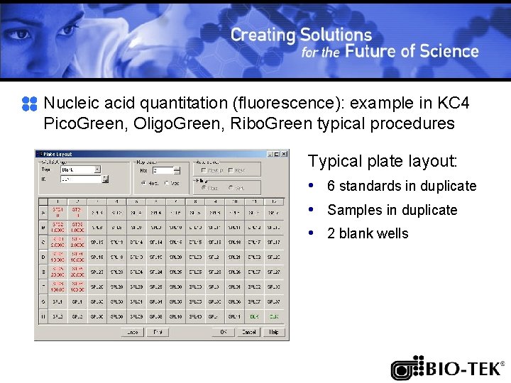 Nucleic acid quantitation (fluorescence): example in KC 4 Pico. Green, Oligo. Green, Ribo. Green