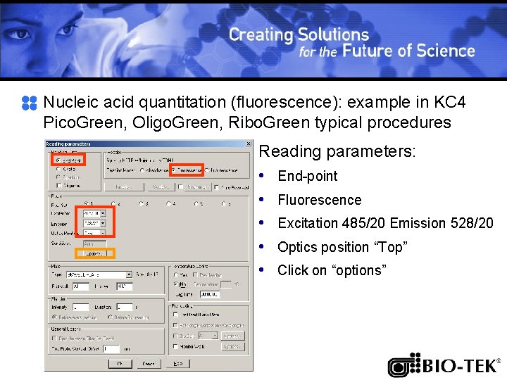 Nucleic acid quantitation (fluorescence): example in KC 4 Pico. Green, Oligo. Green, Ribo. Green