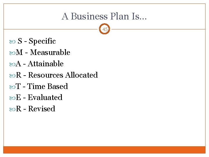 A Business Plan Is… 45 S - Specific M - Measurable A - Attainable