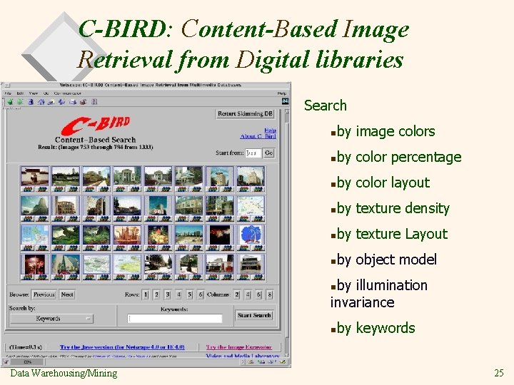 C-BIRD: Content-Based Image Retrieval from Digital libraries Search n by image colors n by