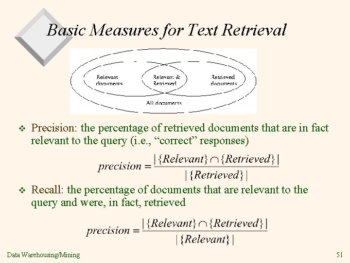 Basic Measures for Text Retrieval v Precision: the percentage of retrieved documents that are