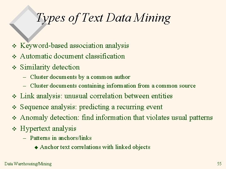 Types of Text Data Mining v v v Keyword-based association analysis Automatic document classification