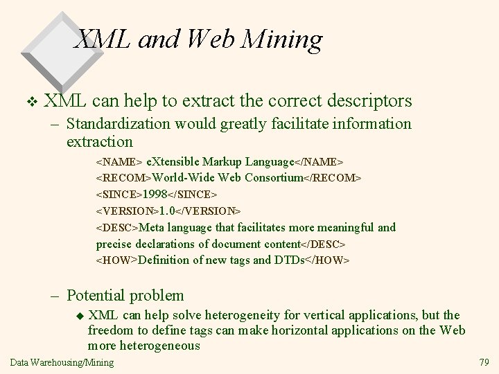 XML and Web Mining v XML can help to extract the correct descriptors –