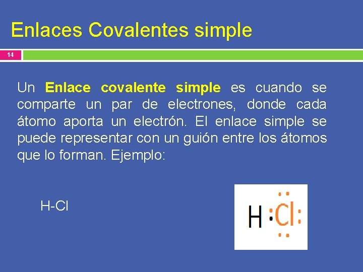 Enlaces Covalentes simple 14 Un Enlace covalente simple es cuando se comparte un par