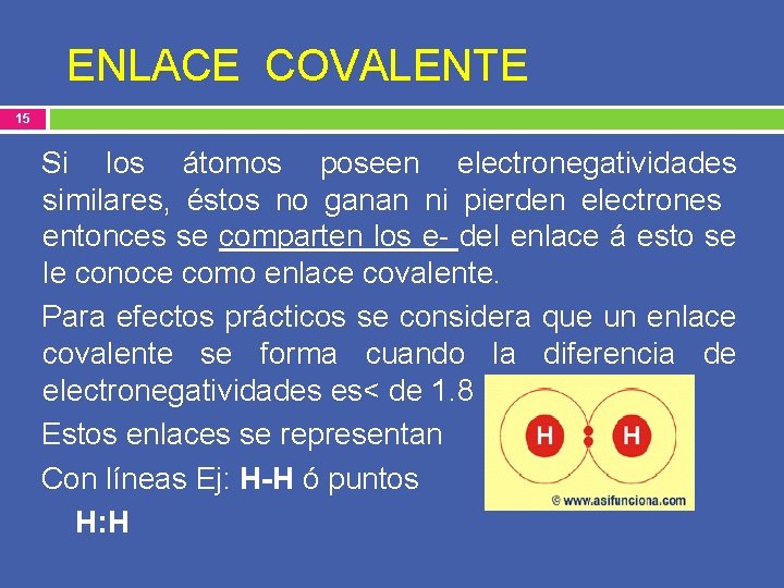 ENLACE COVALENTE 15 Si los átomos poseen electronegatividades similares, éstos no ganan ni pierden