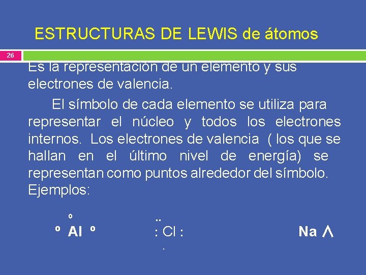 ESTRUCTURAS DE LEWIS de átomos Es la representación de un elemento y sus electrones