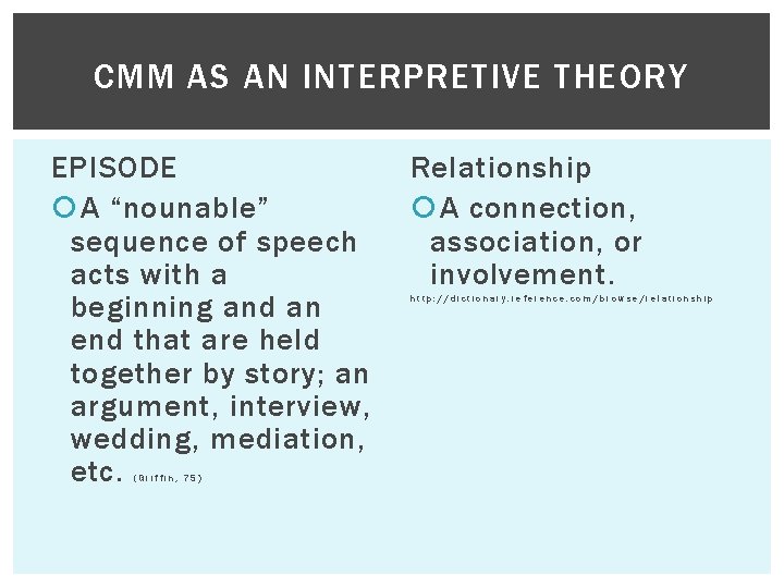 CMM AS AN INTERPRETIVE THEORY EPISODE A “nounable” sequence of speech acts with a