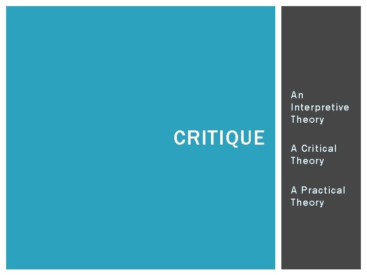 An Interpretive Theory CRITIQUE A Critical Theory A Practical Theory 