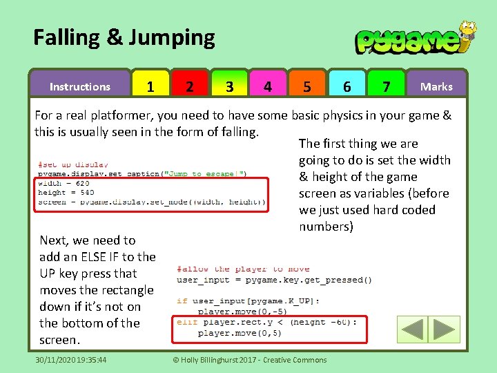 Falling & Jumping Instructions 1 2 3 4 5 6 7 Marks For a