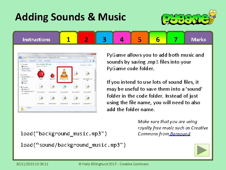 Adding Sounds & Music Instructions 1 2 3 4 5 6 7 Marks Py.