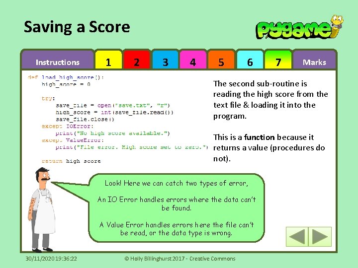 Saving a Score Instructions 1 2 3 4 5 6 7 Marks The second