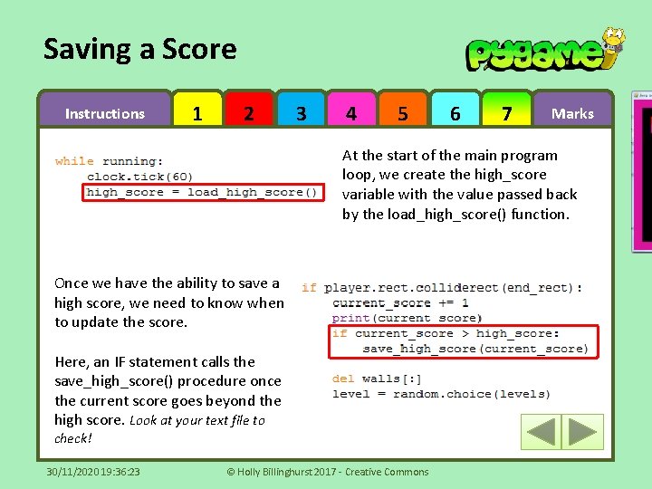 Saving a Score Instructions 1 2 3 4 5 6 7 Marks At the