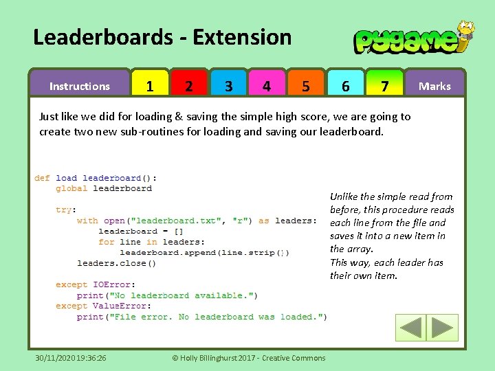 Leaderboards - Extension Instructions 1 2 3 4 5 6 7 Marks Just like