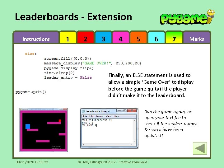 Leaderboards - Extension Instructions 1 2 3 4 5 6 7 Marks Finally, an