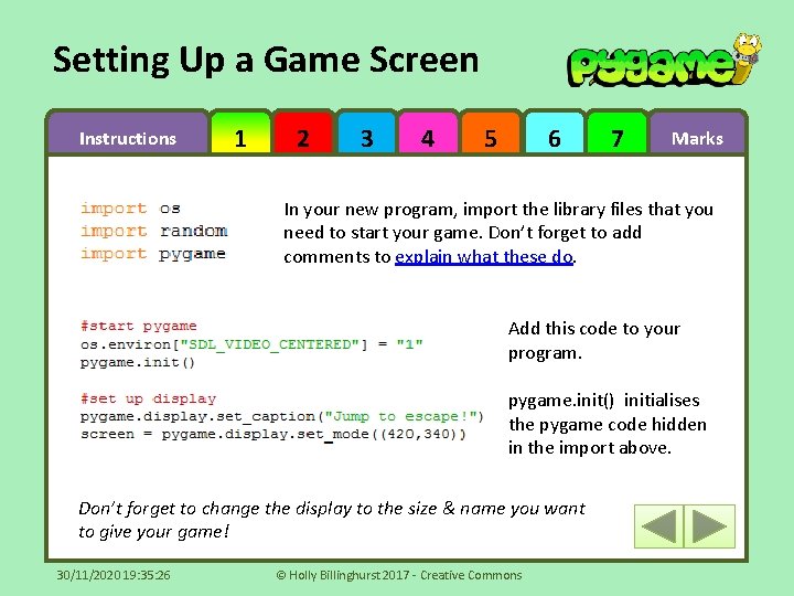 Setting Up a Game Screen Instructions 1 2 3 4 5 6 7 Marks