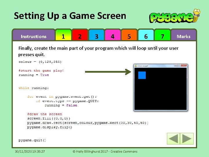 Setting Up a Game Screen Instructions 1 2 3 4 5 6 7 Marks