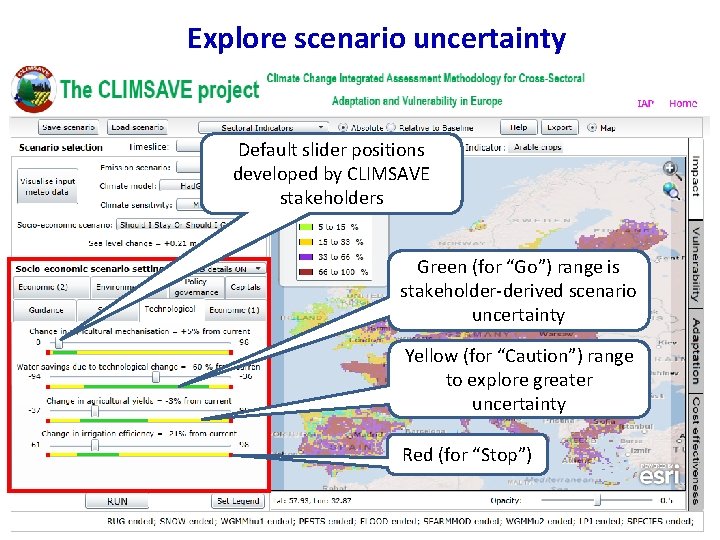 Explore scenario uncertainty Default slider positions developed by CLIMSAVE stakeholders Green (for “Go”) range