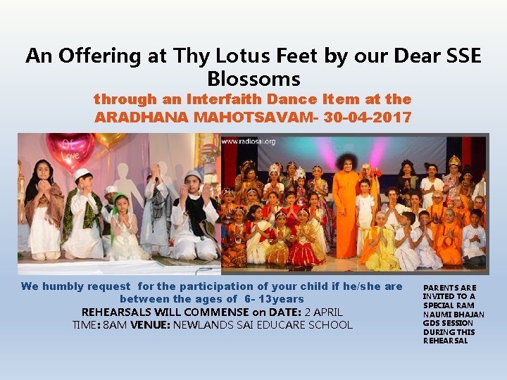 An Offering at Thy Lotus Feet by our Dear SSE Blossoms through an Interfaith