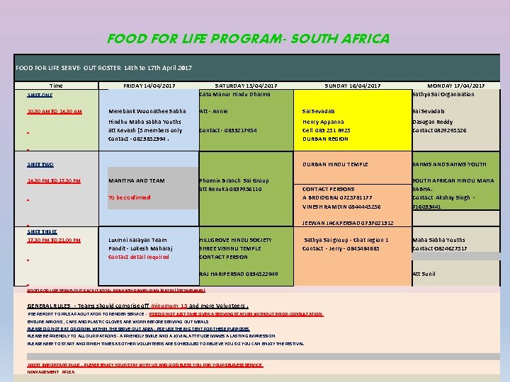 FOOD FOR LIFE PROGRAM- SOUTH AFRICA FOOD FOR LIFE SERVE- OUT ROSTER 14 th