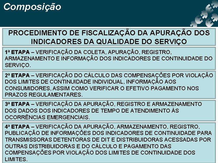 Composição PROCEDIMENTO DE FISCALIZAÇÃO DA APURAÇÃO DOS INDICADORES DA QUALIDADE DO SERVIÇO 1ª ETAPA Composição PROCEDIMENTO DE FISCALIZAÇÃO DA APURAÇÃO DOS INDICADORES DA QUALIDADE DO SERVIÇO 1ª ETAPA