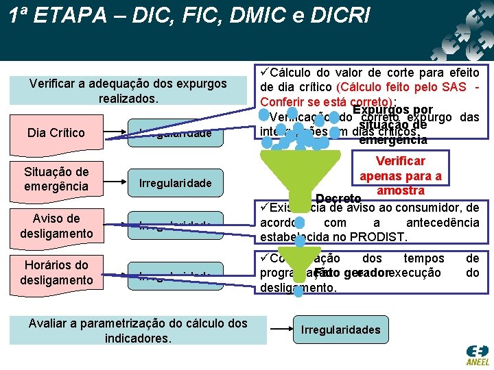 1ª ETAPA – DIC, FIC, DMIC e DICRI Verificar a adequação dos expurgos realizados. 1ª ETAPA – DIC, FIC, DMIC e DICRI Verificar a adequação dos expurgos realizados.