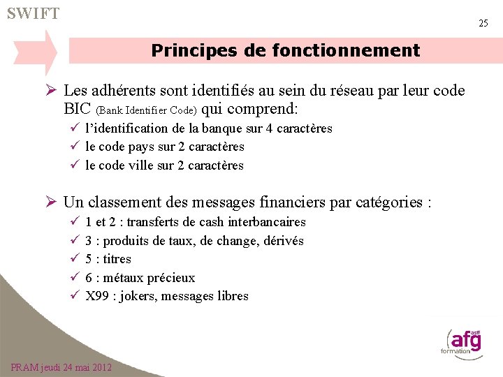 SWIFT 25 Principes de fonctionnement Ø Les adhérents sont identifiés au sein du réseau