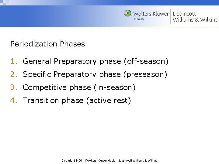 Periodization Phases 1. General Preparatory phase (off-season) 2. Specific Preparatory phase (preseason) 3. Competitive