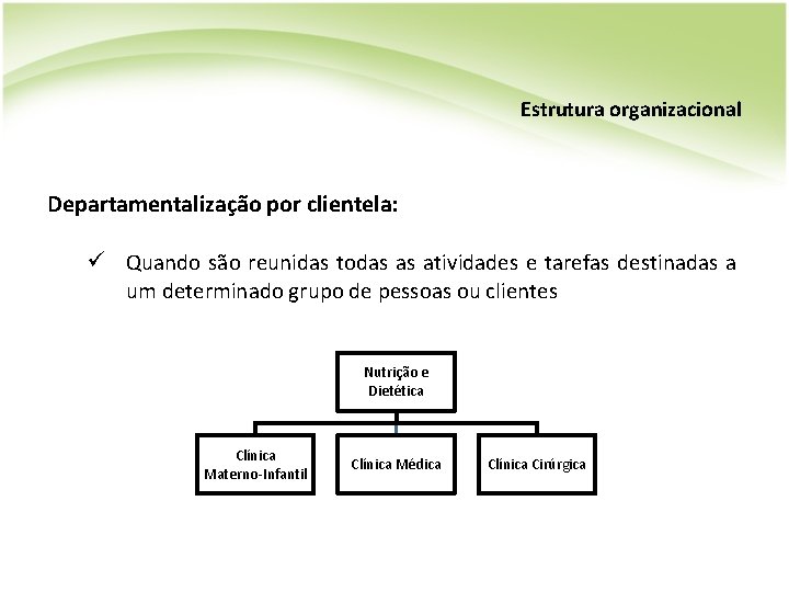 Estrutura organizacional Departamentalização por clientela: ü Quando são reunidas todas as atividades e tarefas