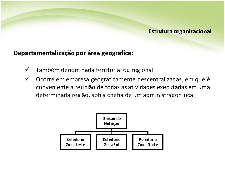 Estrutura organizacional Departamentalização por área geográfica: ü Também denominada territorial ou regional ü Ocorre