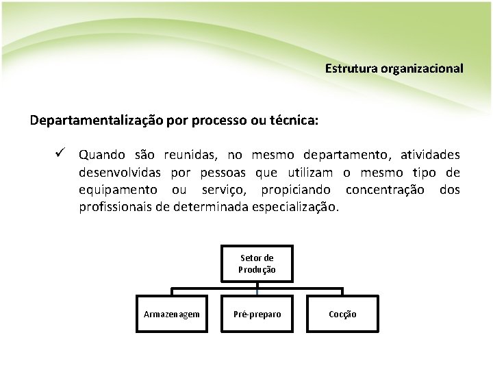 Estrutura organizacional Departamentalização por processo ou técnica: ü Quando são reunidas, no mesmo departamento,