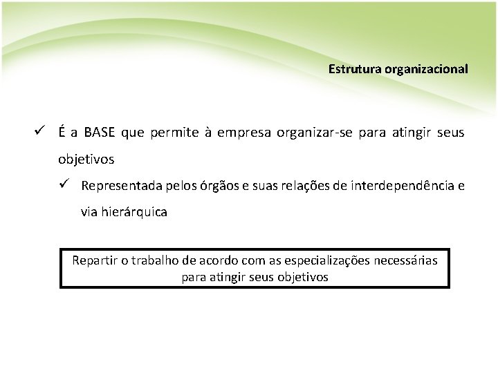 Estrutura organizacional ü É a BASE que permite à empresa organizar-se para atingir seus
